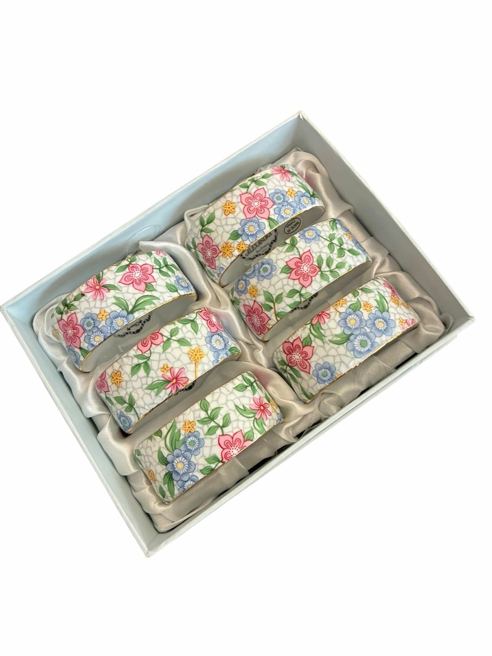 Alexandra Porcelain Napkin Rings Set of 6 Floral Chintz Gold Trim Table Decor